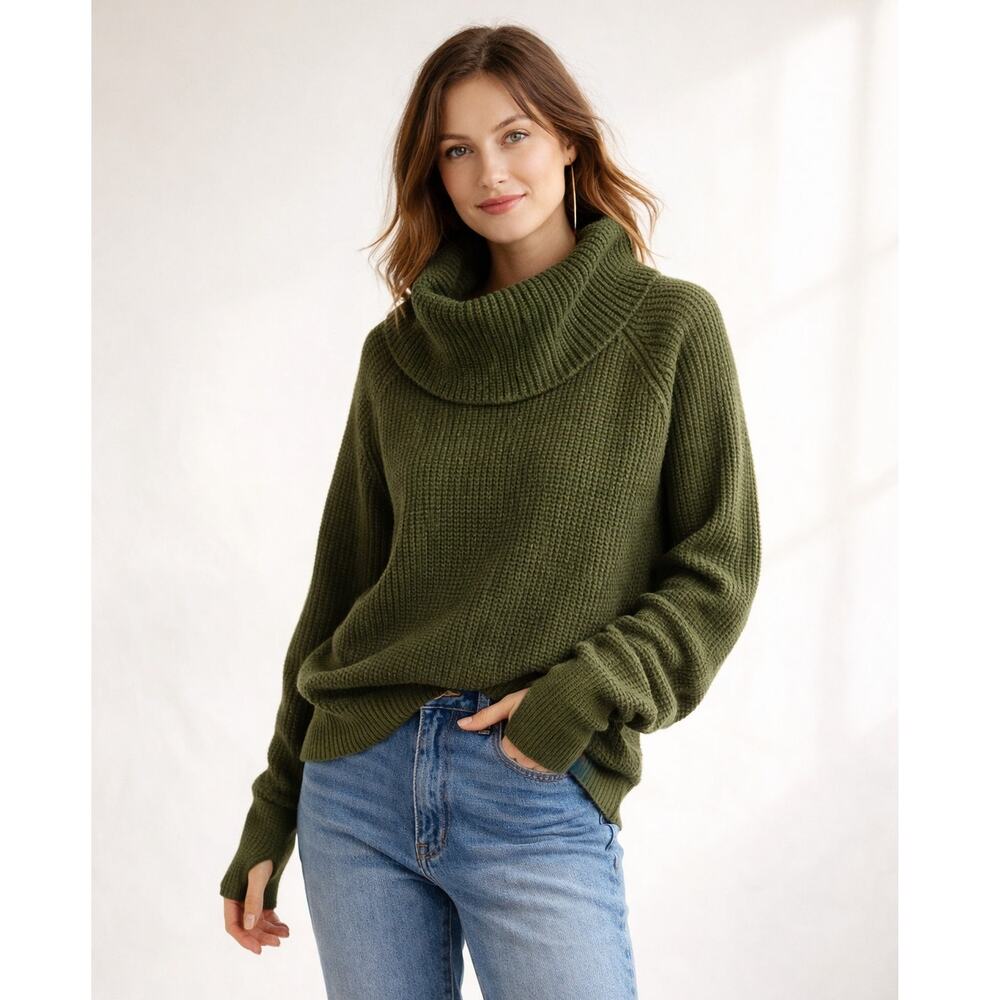 Knit Granola Girl Small Forest Green Cowl Neck Sweater Thumbhole Cozycore
